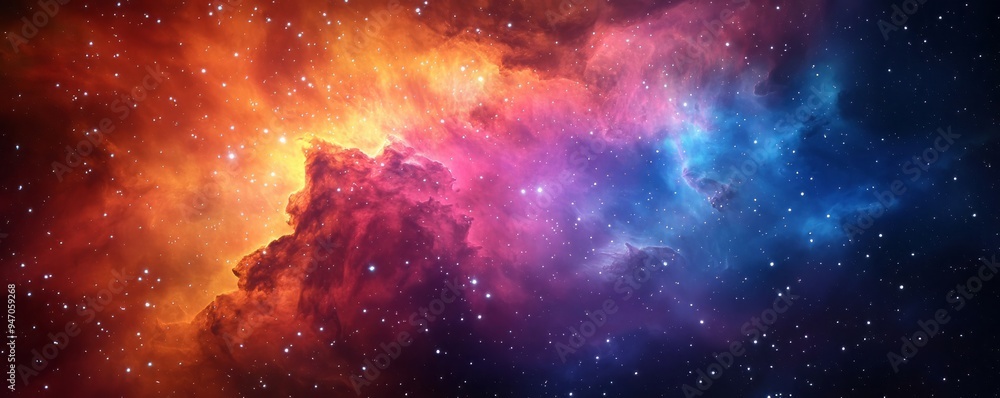 Fototapeta premium A vibrant cosmic scene showcasing colorful nebulae and starry skies, perfect for space and astronomy enthusiasts.
