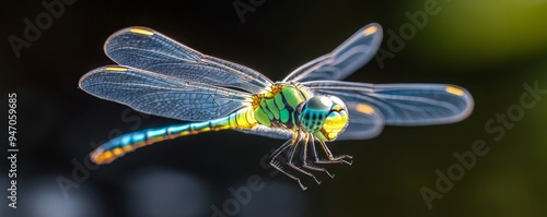 A vibrant dragonfly in mid-flight, showcasing intricate details and brilliant colors against a blurred natural background.