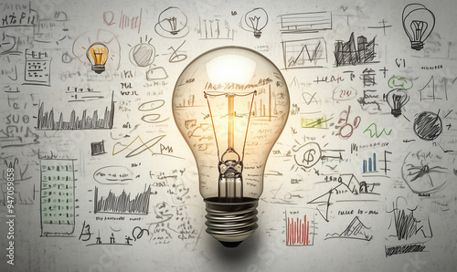 Light bulb in front of a whiteboard filled with sketches and graphs. Concept of ideas and innovation.