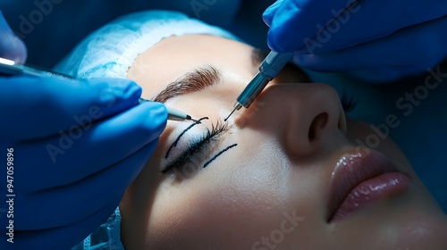 Close up of a doctor carefully sketching guidelines on a patient s face for an upcoming eyelid surgery procedure isolated on a white background photo