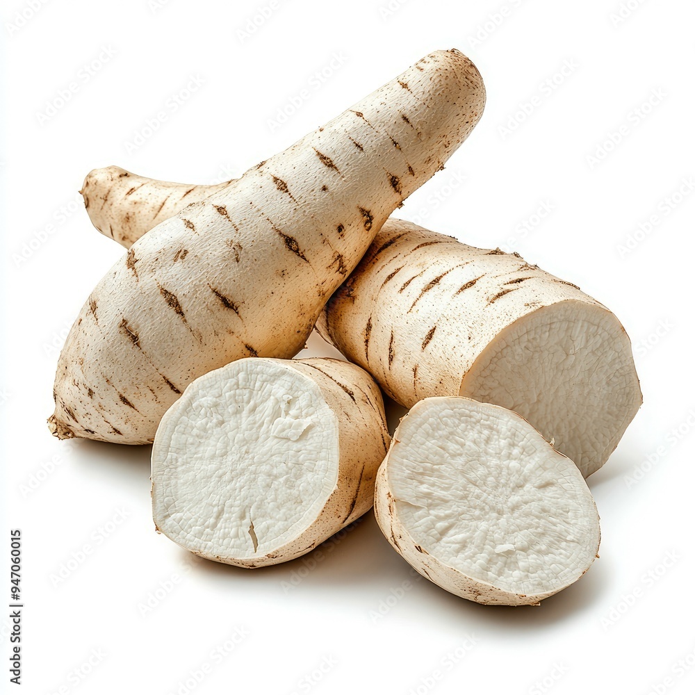 Whole and Sliced Cassava Roots on White Background Whole and Sliced Cassava Roots on White Background