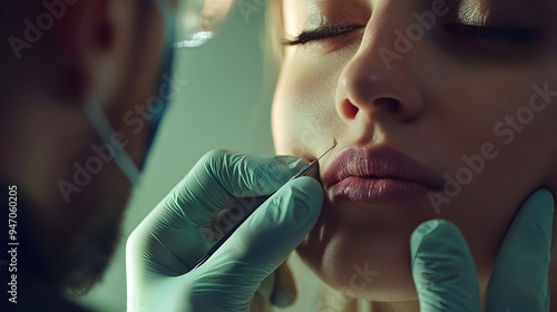 Closeup of a surgeon meticulously marking a patient s face in for a lip augmentation cosmetic procedure against an isolated background