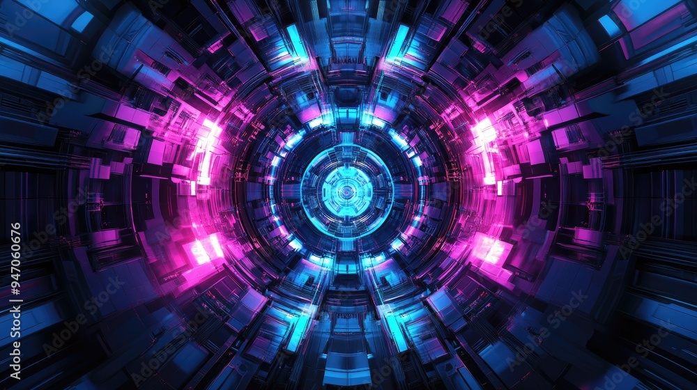 Futuristic building art with electric blue and magenta, featuring symmetry and circular patterns, dynamic 3D rendering Futuristic building art with electric blue and magenta, featuring symmetry and circular patterns, dynamic 3D rendering