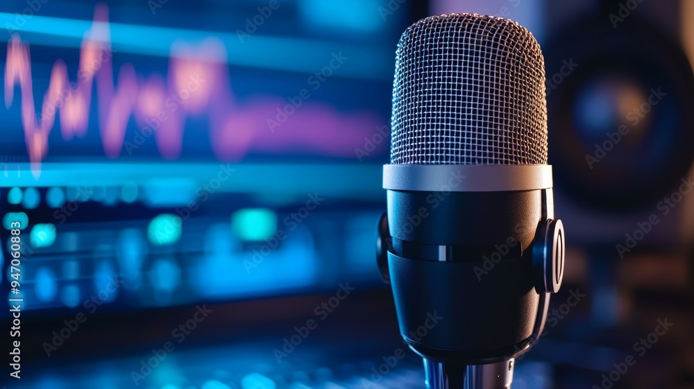 A microphone is placed in front of a computer monitor with a blue background A microphone is placed in front of a computer monitor with a blue background