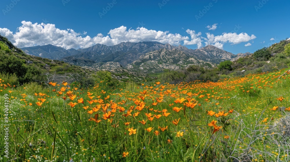 Fototapeta premium Orange Wildflowers in a Mountain Meadow.