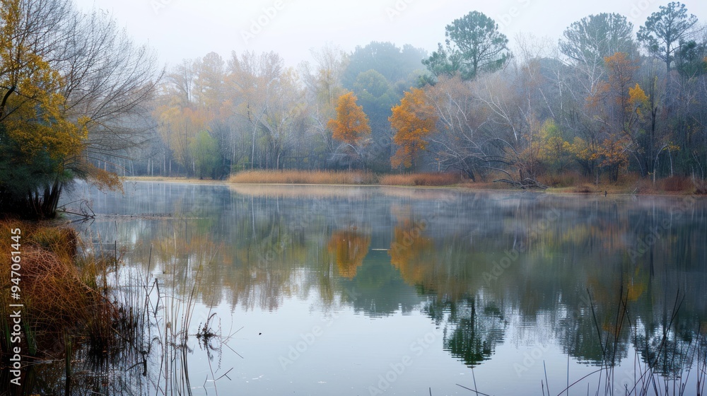 Fototapeta premium Tranquil Autumn Fog Over Lake.