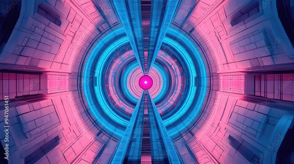 Symmetrical building art in electric blue and magenta, with circular patterns and futuristic font design, creating dynamic colors in 3D Symmetrical building art in electric blue and magenta, with circular patterns and futuristic font design, creating dynamic colors in 3D