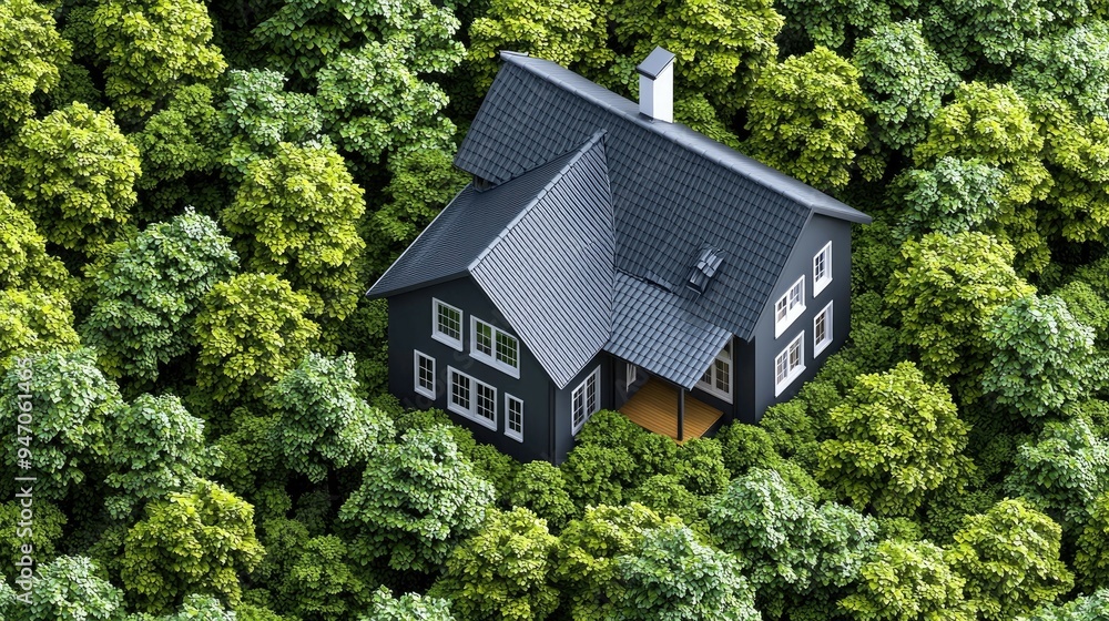 A Black House Hidden in a Lush Green Forest Canopy A Black House Hidden in a Lush Green Forest Canopy