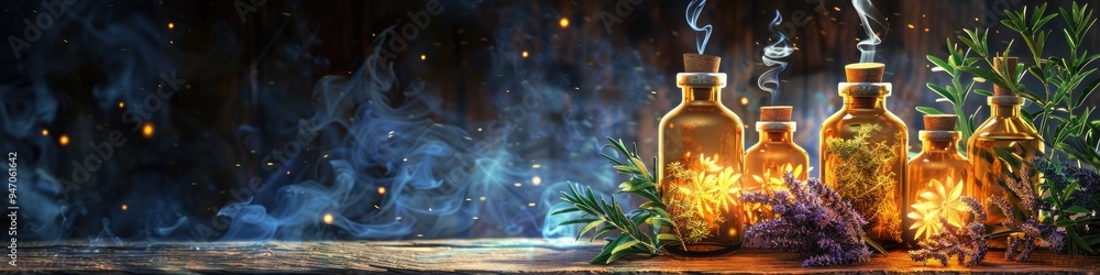 Enchanting glow of exquisite herb-filled bottles on a vintage oak table with ethereal smoke rising, illustrated by hand. Enchanting glow of exquisite herb-filled bottles on a vintage oak table with ethereal smoke rising, illustrated by hand.