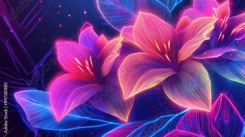 Various digital flowers with bright neon lines and geometric shapes, set against a vibrant vector background, creating a mesmerizing visual effect