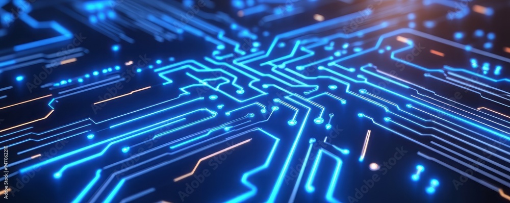 Fototapeta premium Abstract close-up of a glowing circuit board with neon lines, representing technology, innovation, and digital connectivity.