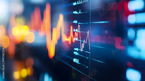 Close-up digital screen showing line graph with fluctuating trends, representing cancer statistics and data visualization for medical analysis.