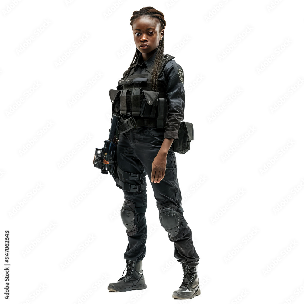 Female soldier is standing in full tactical gear, holding a rifle, with a serious expression on her face Female soldier is standing in full tactical gear, holding a rifle, with a serious expression on her face