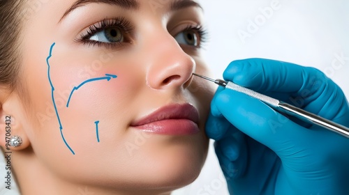 Closeup Shot of Experienced Surgeon Carefully Outlining Facelift Treatment Areas on Patient s Face in a Sterile Studio Environment Isolated Background photo