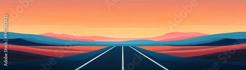 Beautiful landscape with a serene road leading into colorful mountains under a vibrant sunset sky.