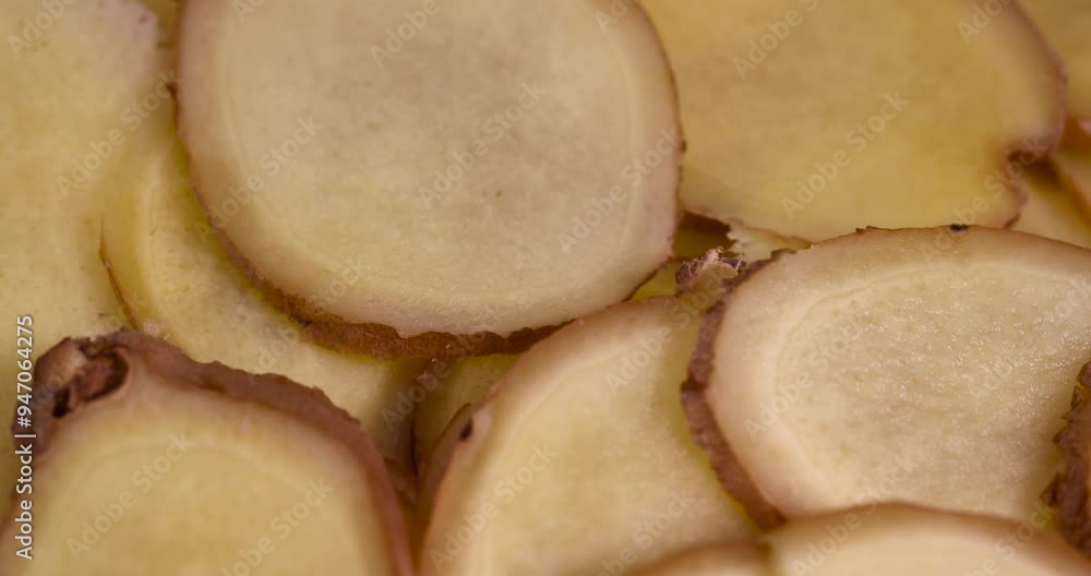 sliced ginger root on the table, details of the ginger root used in cooking sliced into pieces sliced ginger root on the table, details of the ginger root used in cooking sliced into pieces