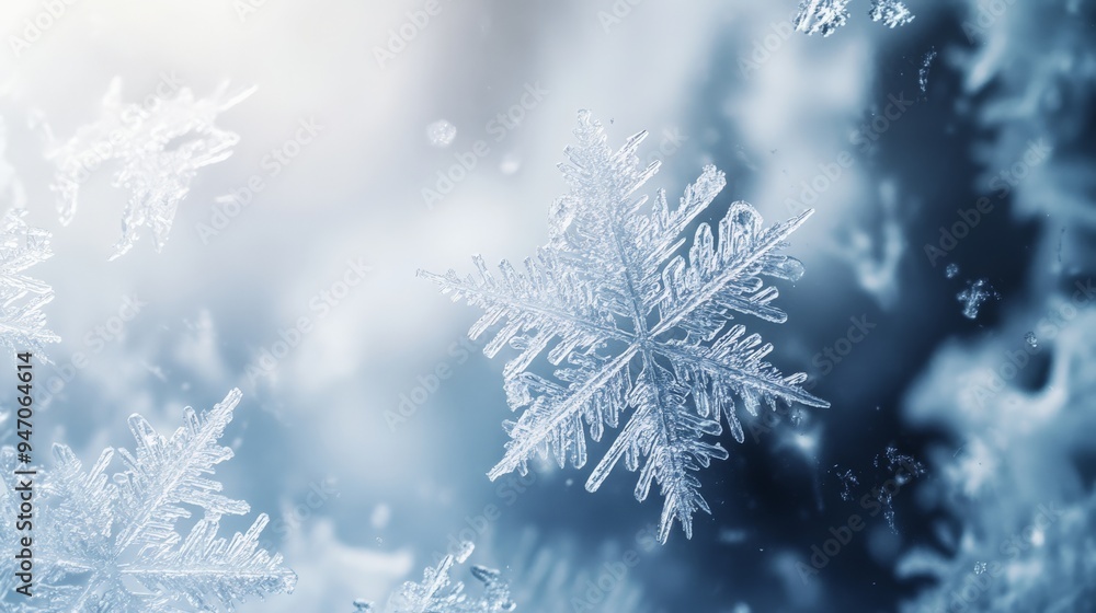 Macro shot of delicate snowflakes showing intricate patterns against a blurred winter background. Perfect for seasonal or holiday themes. Macro shot of delicate snowflakes showing intricate patterns against a blurred winter background. Perfect for seasonal or holiday themes.