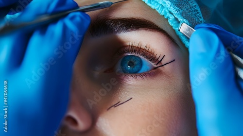 Closeup view of a plastic surgeon marking a patient s face with lines and diagrams in for a brow lift cosmetic surgery procedure at a medical clinic or hospital photo