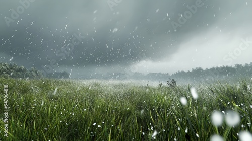 Lush green meadow under dark stormy sky with raindrops falling, showcasing the beauty and power of nature in dramatic weather conditions. photo