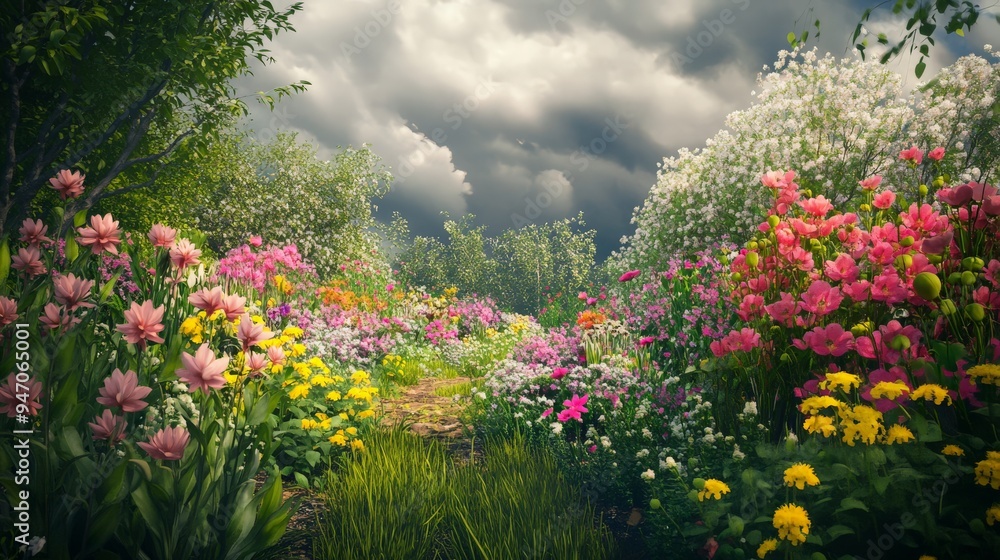 Obraz premium Lush garden with vibrant flowers under a dramatic cloudy sky, capturing the essence of nature's beauty and tranquility.