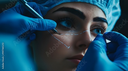 Close up view of a surgeon drawing guidelines and markings on a patient s face prior to a rhinoplasty or nose reshaping surgical procedure on an isolated clinical background photo