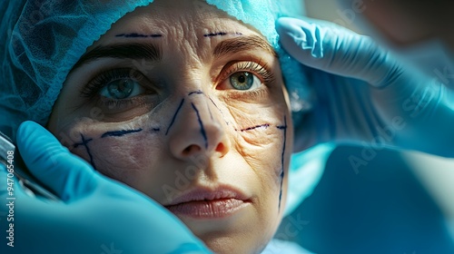 Closeup portrait of a professional plastic surgeon carefully preparing a patient s face with precise markings and diagrams prior to a cosmetic surgery procedure on an isolated background photo