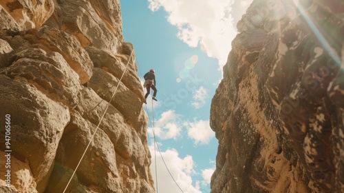 Climber rappelling down rocky cliff face on sunny day