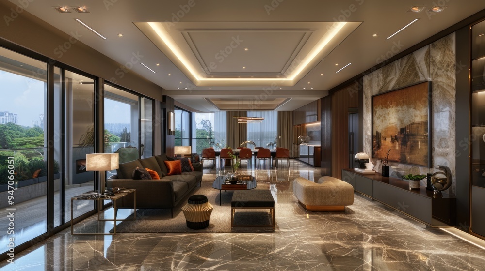 Modern living room with sleek furniture and stylish decor. Modern living room with sleek furniture and stylish decor.