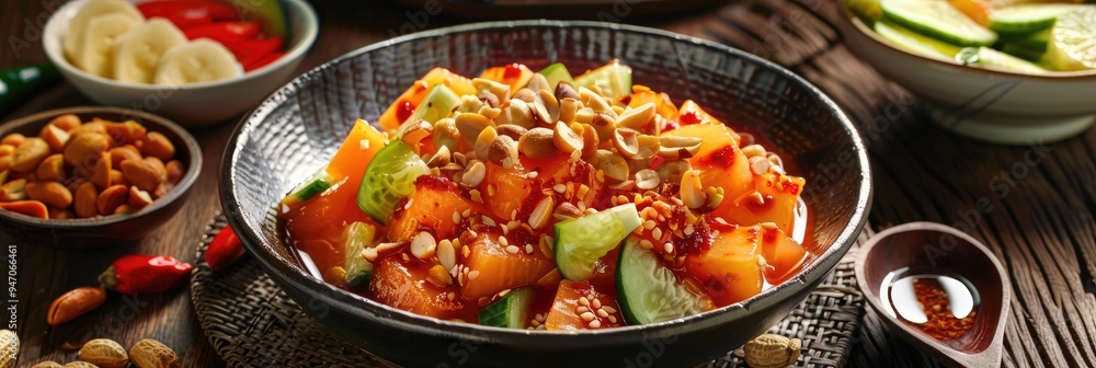 Tropical Fruit Salad in a Sweet, Sour, and Spicy Sauce Garnished with Crispy Peanuts, A Popular Dish for Celebrations Tropical Fruit Salad in a Sweet, Sour, and Spicy Sauce Garnished with Crispy Peanuts, A Popular Dish for Celebrations