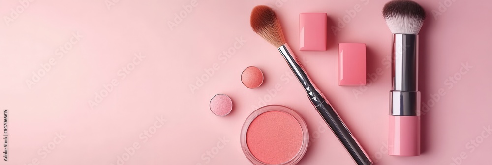 A stylish setup showcases cosmetic products like lipstick, brushes, and powder arranged on a soft pink background, emphasizing simplicity. Generative AI A stylish setup showcases cosmetic products like lipstick, brushes, and powder arranged on a soft pink background, emphasizing simplicity. Generative AI