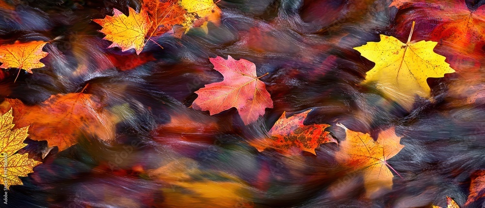 Autumn Leaves Floating in a Stream with Blurred Water