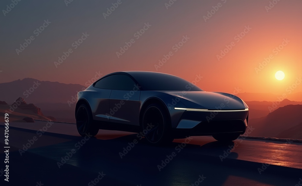 Fototapeta premium A futuristic car is driving down a road at sunset
