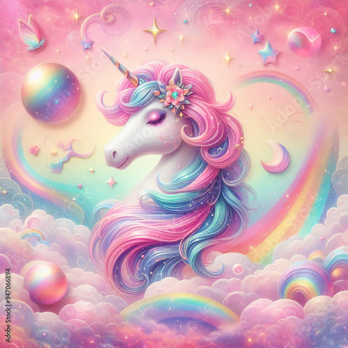 Rainbow unicorn pastel background with glitter stars. Pink fantasy sky. Holographic space with bokeh. Fairy iridescent gradient backdrop. Vector