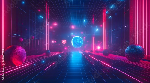 Neon Lights and Geometric Shapes in a Dark, Futuristic Space photo