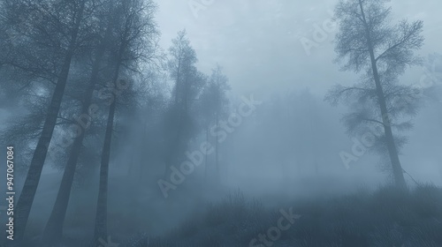 Eerie misty forest with towering trees shrouded in dense fog, creating a mysterious and atmospheric natural landscape scene.