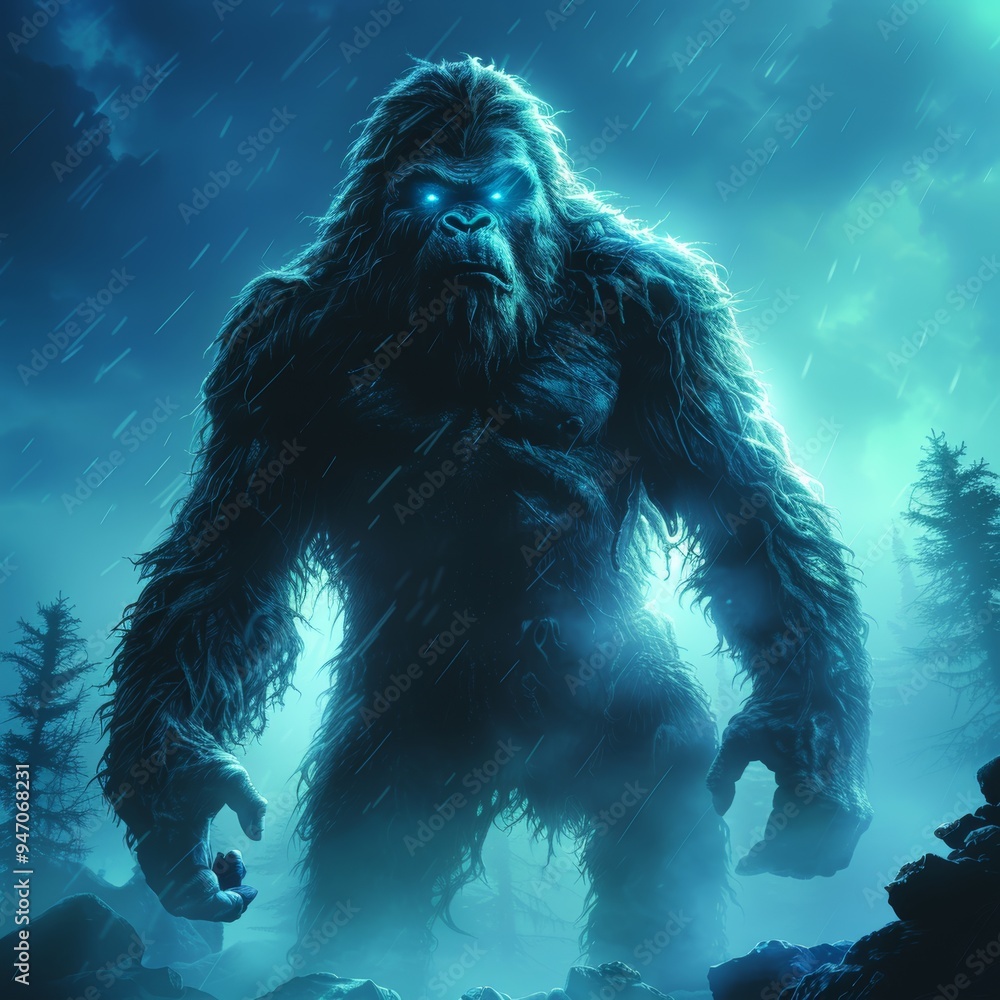 A large, hairy, bipedal creature with glowing blue eyes stands in the rain, surrounded by mist, in front of a dense forest. Its expression is fierce, adding intrigue to the scene. A large, hairy, bipedal creature with glowing blue eyes stands in the rain, surrounded by mist, in front of a dense forest. Its expression is fierce, adding intrigue to the scene.