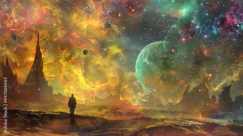 Fototapeta premium A lone figure stands on a desert planet, gazing at a vibrant nebula.