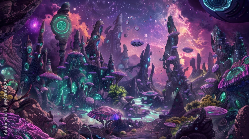 Fototapeta premium Mystical Alien Landscape with Glowing Mushrooms.
