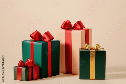 Stylish Christmas gift boxes in various geometric shapes are adorned with bright ribbons and bows, perfect for holiday celebrations. Generative AI