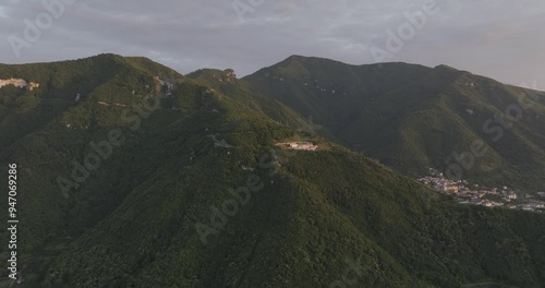 Aerial view of the beautiful Lattari Mountain range at sunset with tranquil valleys, Sant'Egidio del Monte Albino, Salerno, Italy. photo