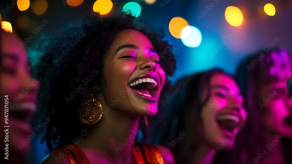 A group of friends singing together at a karaoke night, with bright lights illuminating their joyful expressions A group of friends singing together at a karaoke night, with bright lights illuminating their joyful expressions