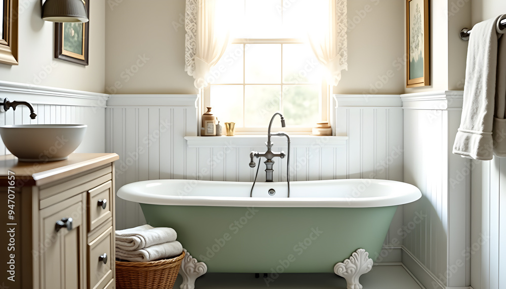 Bright and Airy Country Bathroom with Elegant Clawfoot Bathtub