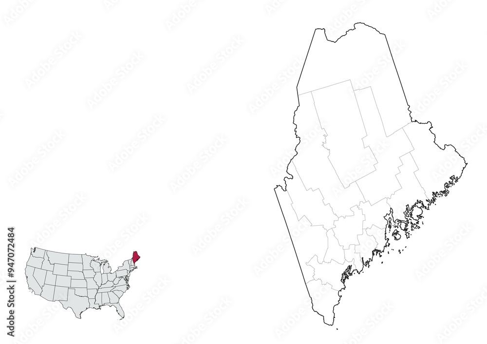 Counties Map of Maine State, USA