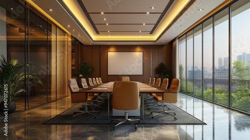 Wallpaper Mural Modern conference room with sleek design and minimalist decor, featuring a large table, ergonomic chairs, and natural light streaming through the windows, creating an inviting atmosphere for productiv Torontodigital.ca