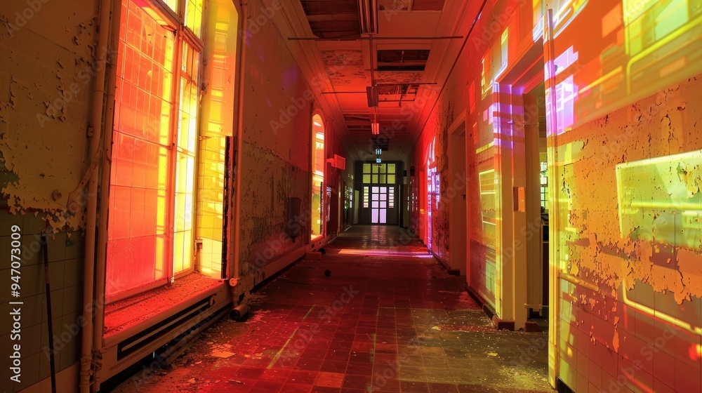 Red and Yellow Light Shining Through Windows in Abandoned Building. Red and Yellow Light Shining Through Windows in Abandoned Building.