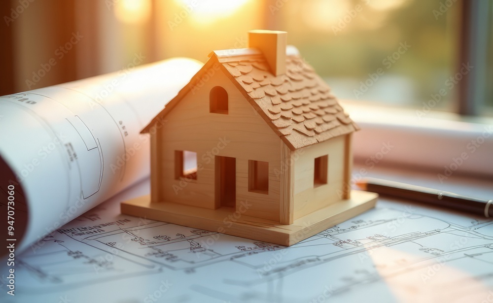 model of a wooden house on a blueprint model of a wooden house on a blueprint