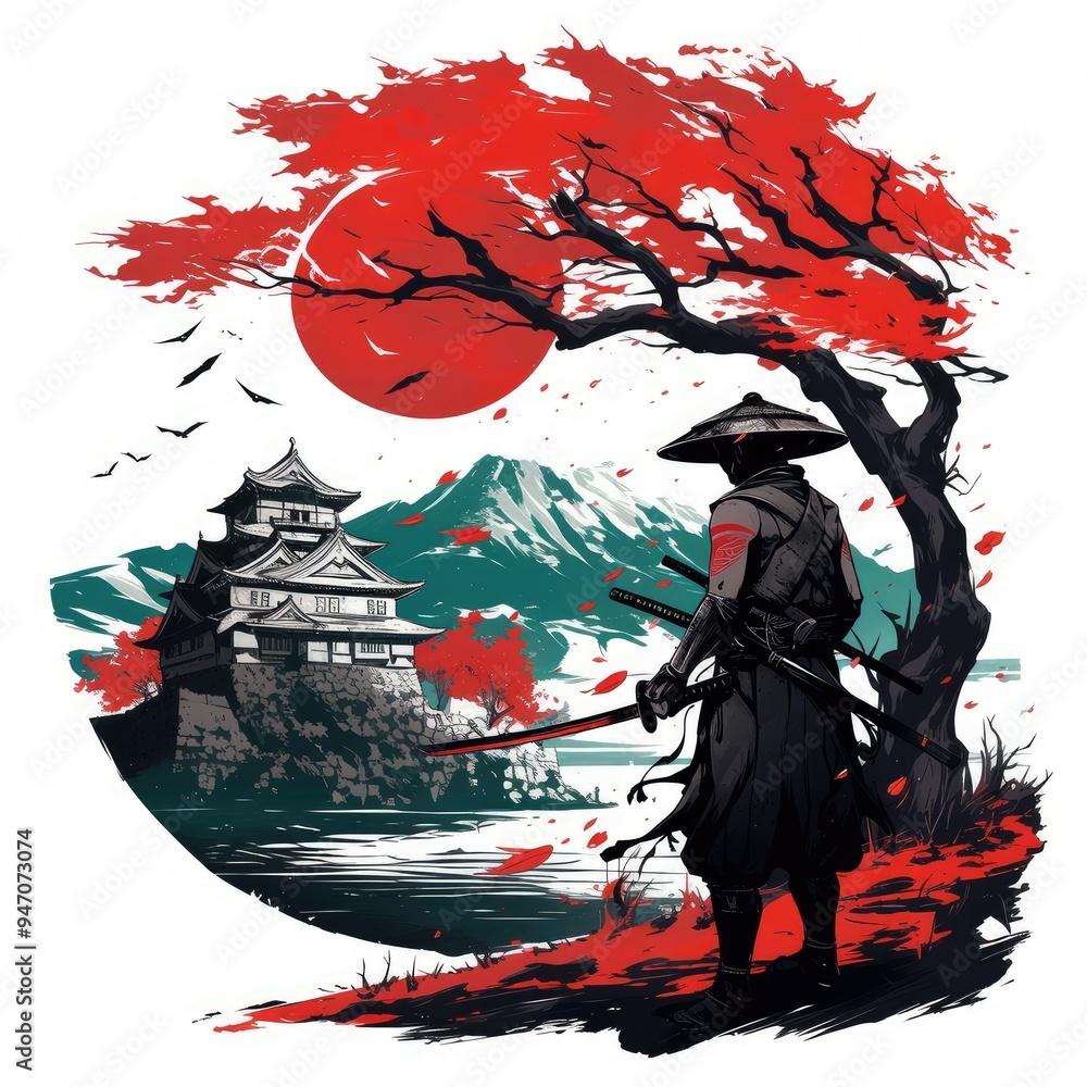 A Silhouetted Samurai Stands Under a Crimson Tree A Silhouetted Samurai Stands Under a Crimson Tree