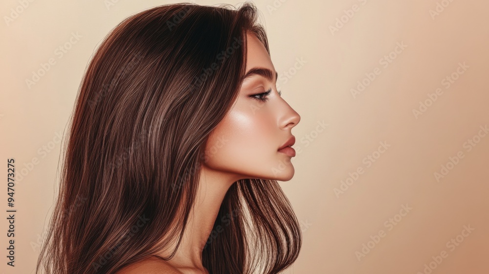 A profile shot of a woman with luxurious long hair, her hair gently tousled, and her face slightly turned, set against a neutral background. A profile shot of a woman with luxurious long hair, her hair gently tousled, and her face slightly turned, set against a neutral background.