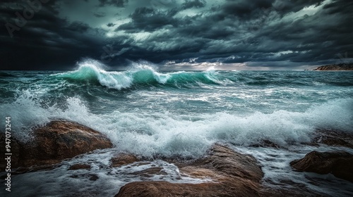 Dramatic crashing waves against rocky shore under stormy sky, capturing nature's fury and ocean's raw power. photo