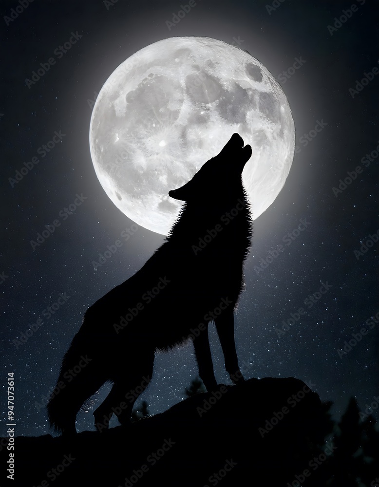 Wolf Howling on a Full Moon Night Starry Sky, Photo Realistic, Wallpaper, Cover and Screen for Smartphone, Cell Phone, PC, Laptop Wolf Howling on a Full Moon Night Starry Sky, Photo Realistic, Wallpaper, Cover and Screen for Smartphone, Cell Phone, PC, Laptop
